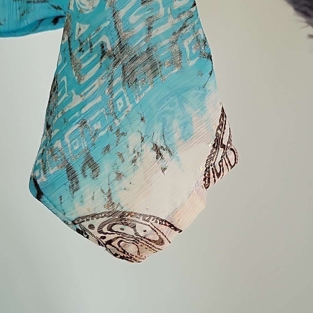 Connie's Moonlight sleeveless dress in browns & blues. With shrug jacket small - Picture 9 of 15